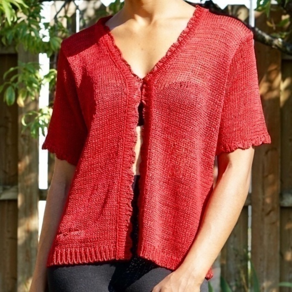 🍁 Bright Red Scalloped Edge Open Knit Cardigan